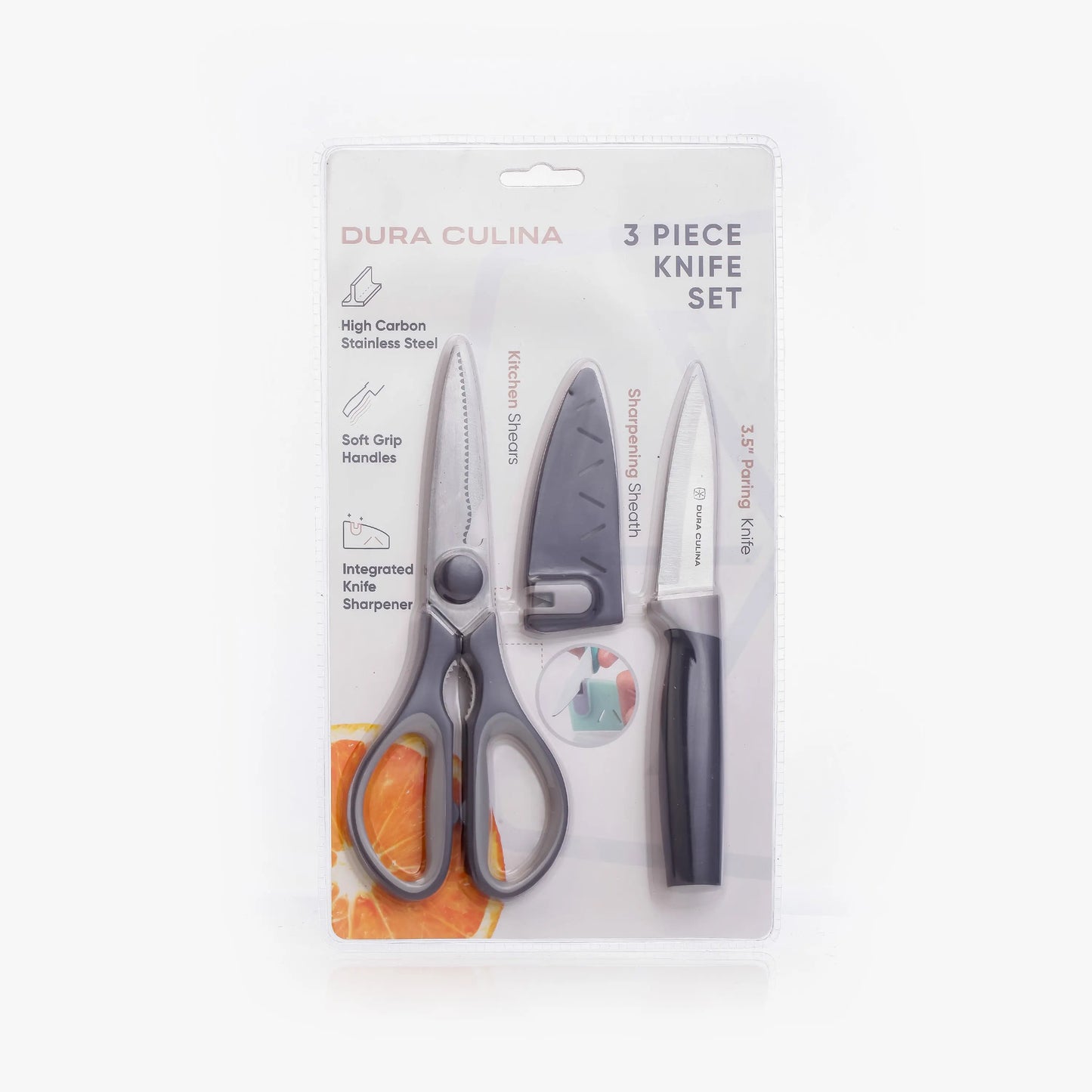 3 Piece Kitchen Knife Set - Built in Sharpener, and Multi Purpose Shears Dura Living LLC