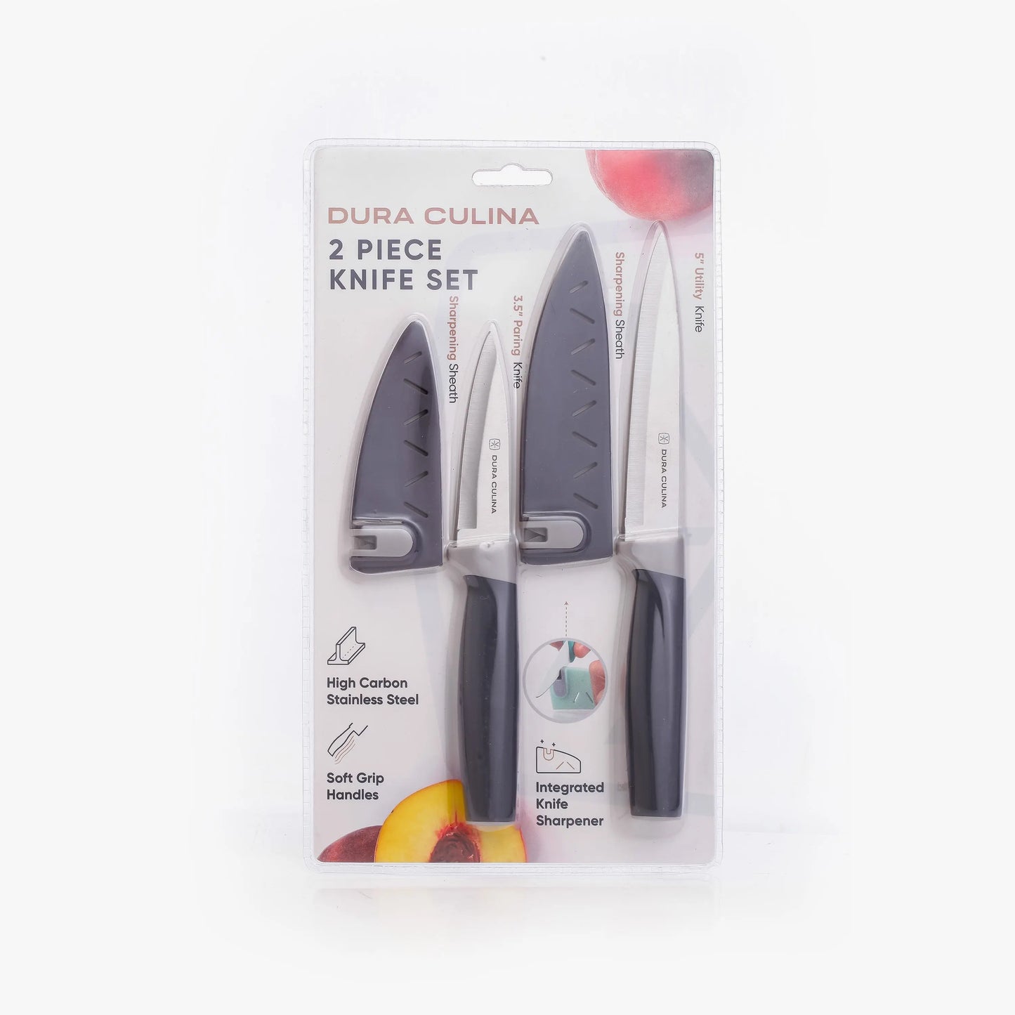 2 Piece Kitchen Knife Set- Matching Blade Guards With Built in Sharpener Dura Living LLC