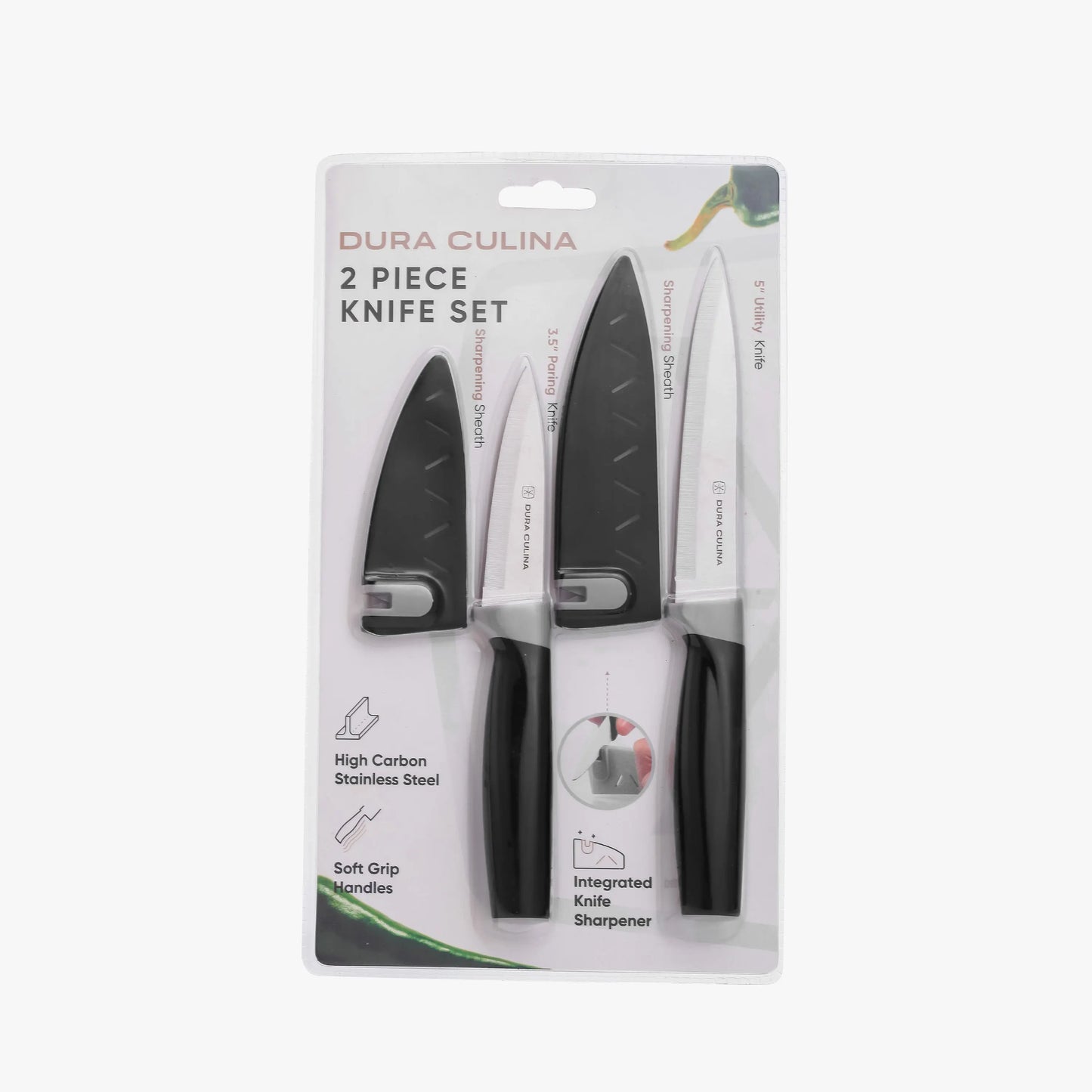 2 Piece Knife Set- Matching Blade Guards With Built in Sharpener Dura Living LLC