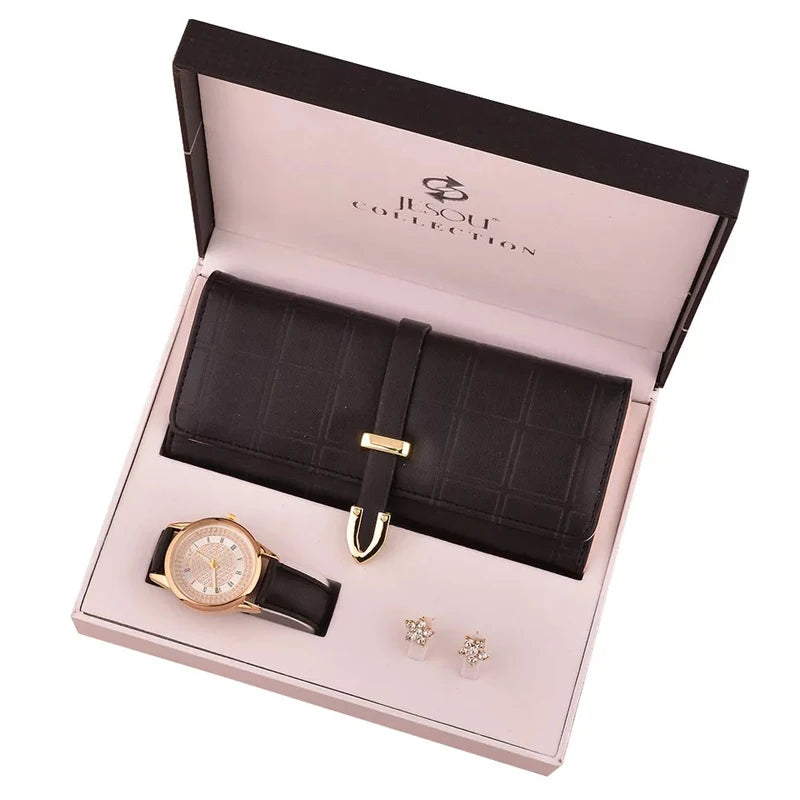Women's Fashion Quartz Watch Wallet Earrings 3pc Set Gift Box