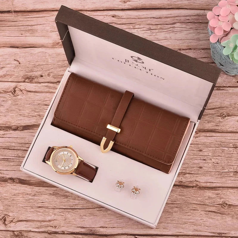 Women's Fashion Quartz Watch Wallet Earrings 3pc Set Gift Box