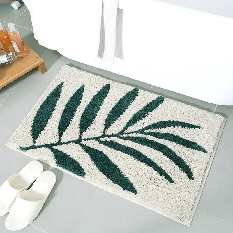 Green Leaves Flocking Bath Mat Non-Slip Absorbent Microfiber Bathroom Rug