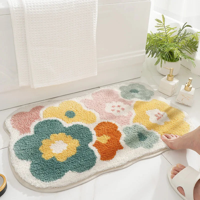Green Leaves Flocking Bath Mat Non-Slip Absorbent Microfiber Bathroom Rug