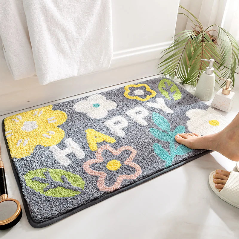 Green Leaves Flocking Bath Mat Non-Slip Absorbent Microfiber Bathroom Rug