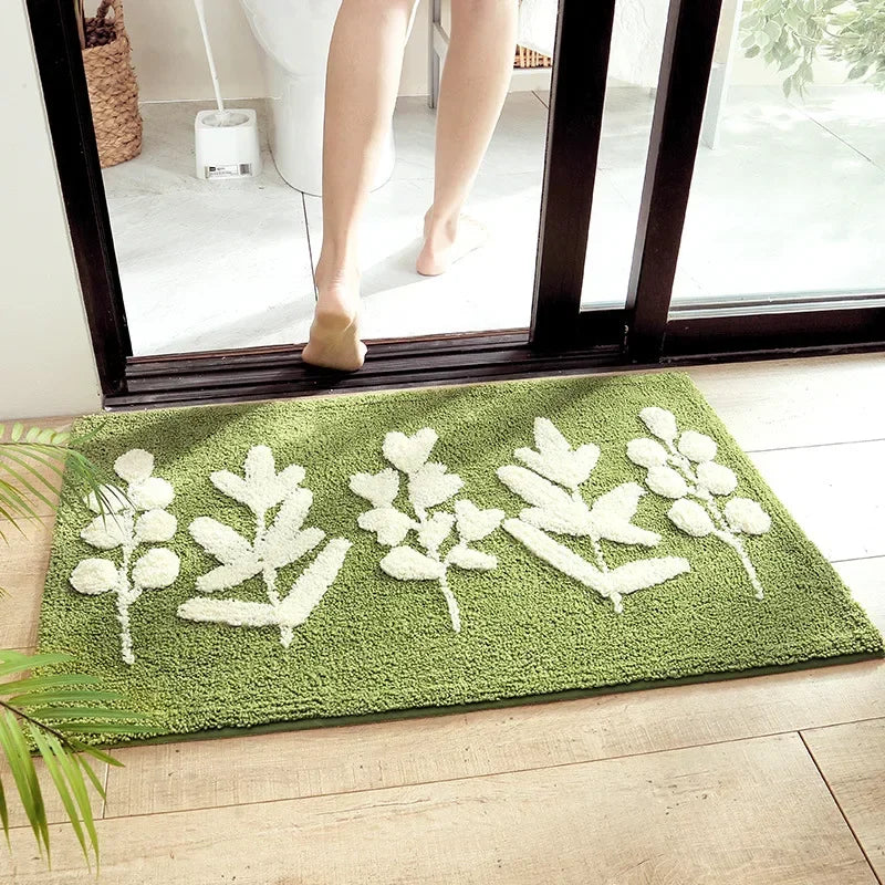 Green Leaves Flocking Bath Mat Non-Slip Absorbent Microfiber Bathroom Rug
