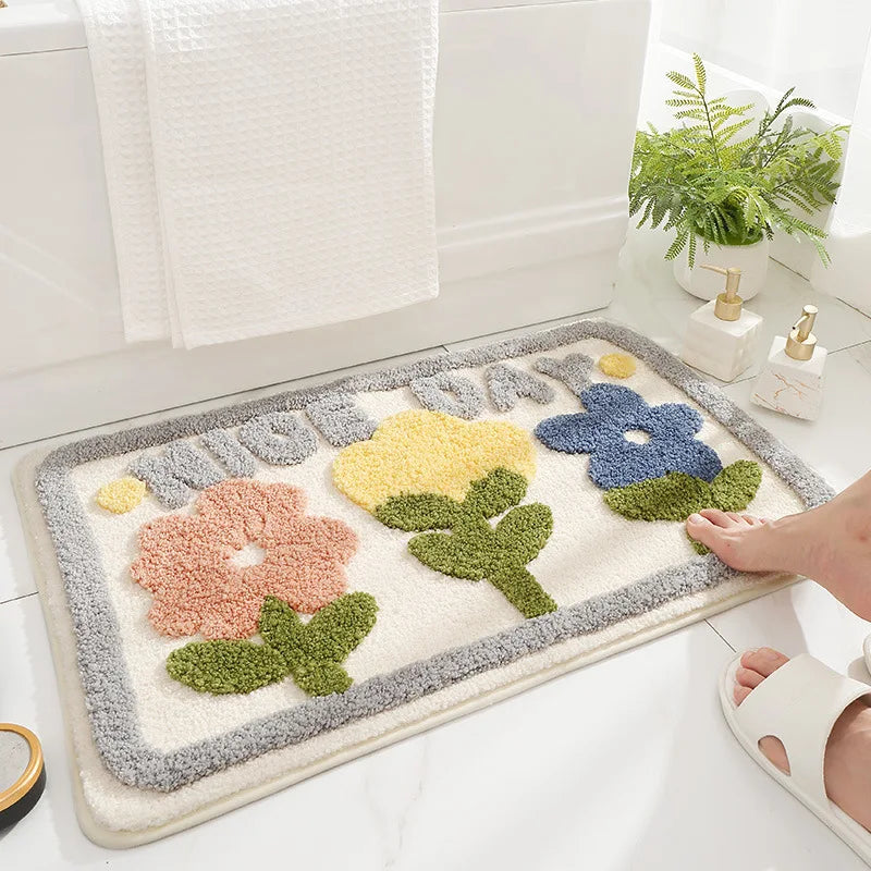 Green Leaves Flocking Bath Mat Non-Slip Absorbent Microfiber Bathroom Rug