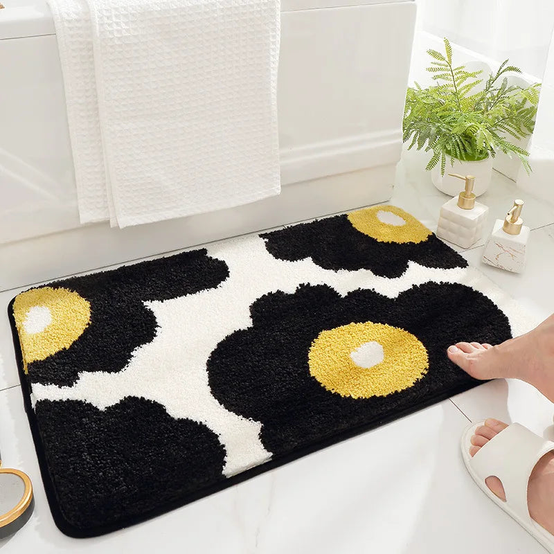 Green Leaves Flocking Bath Mat Non-Slip Absorbent Microfiber Bathroom Rug