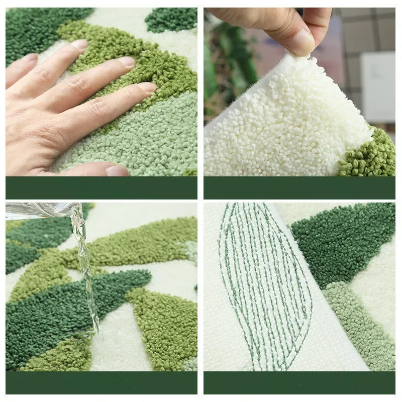 Green Leaves Flocking Bath Mat Non-Slip Absorbent Microfiber Bathroom Rug