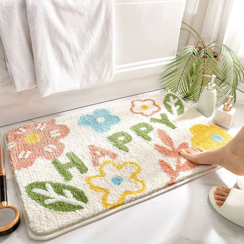 Green Leaves Flocking Bath Mat Non-Slip Absorbent Microfiber Bathroom Rug