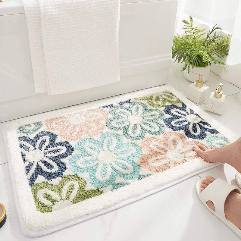 Green Leaves Flocking Bath Mat Non-Slip Absorbent Microfiber Bathroom Rug