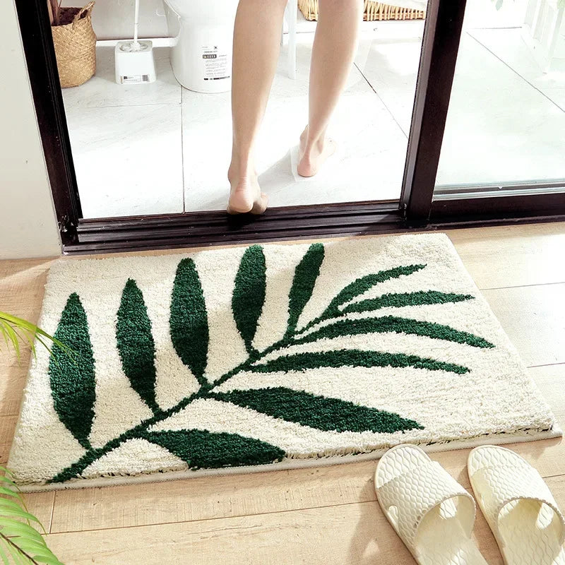 Green Leaves Flocking Bath Mat Non-Slip Absorbent Microfiber Bathroom Rug