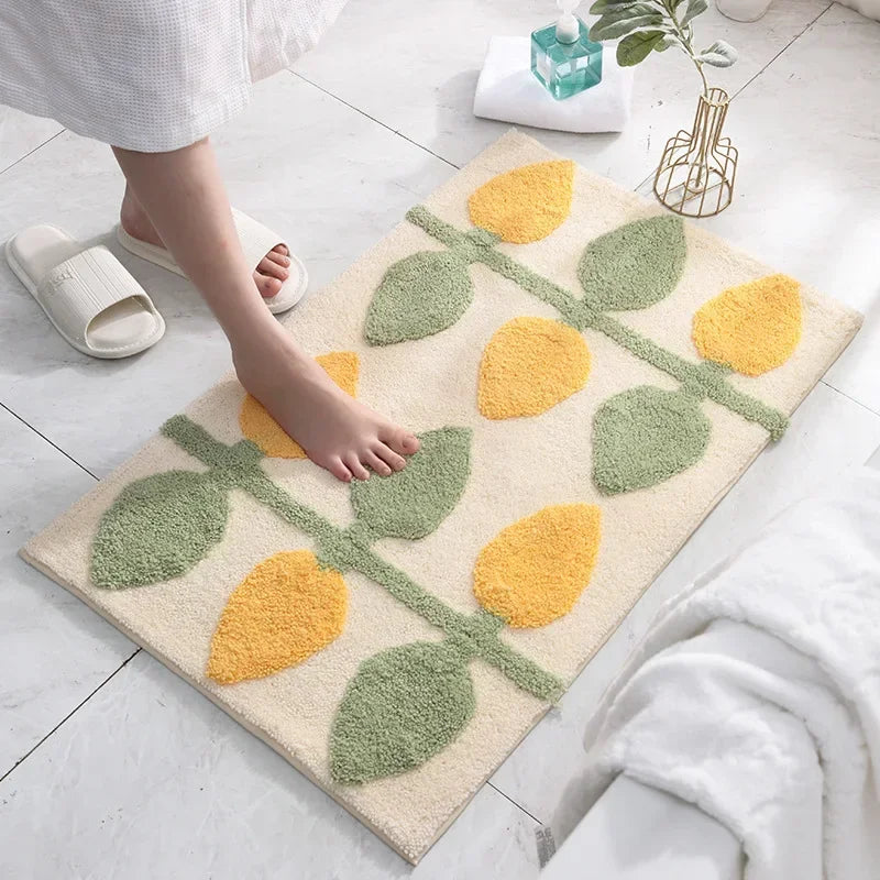 Green Leaves Flocking Bath Mat Non-Slip Absorbent Microfiber Bathroom Rug