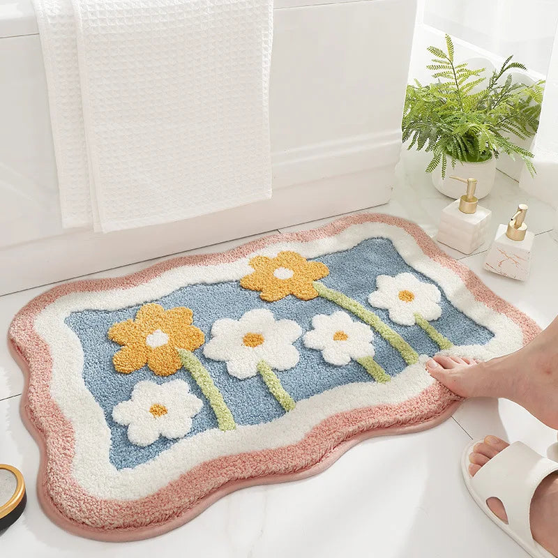 Green Leaves Flocking Bath Mat Non-Slip Absorbent Microfiber Bathroom Rug