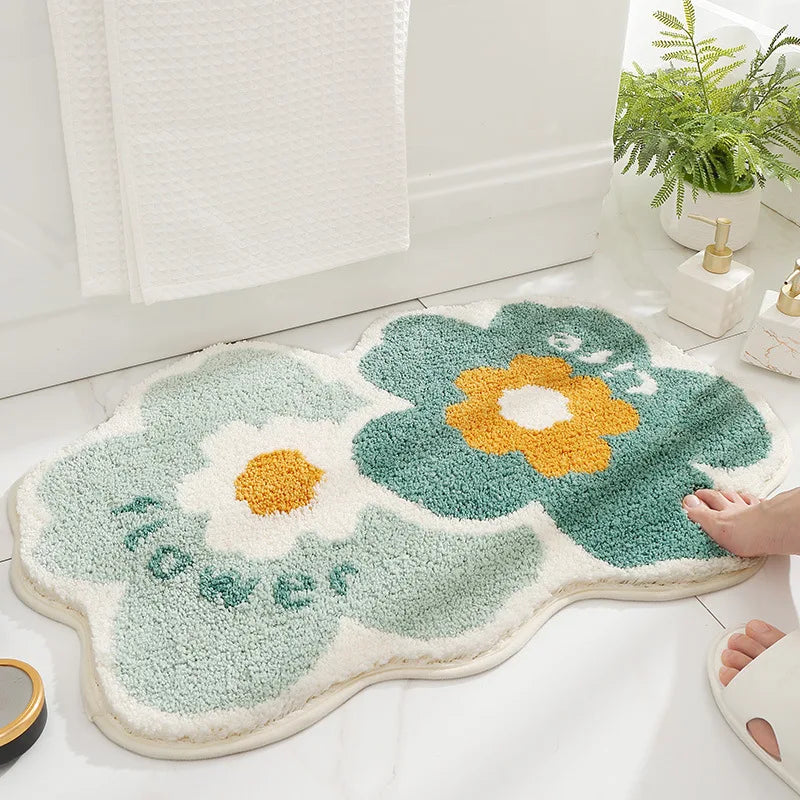 Green Leaves Flocking Bath Mat Non-Slip Absorbent Microfiber Bathroom Rug