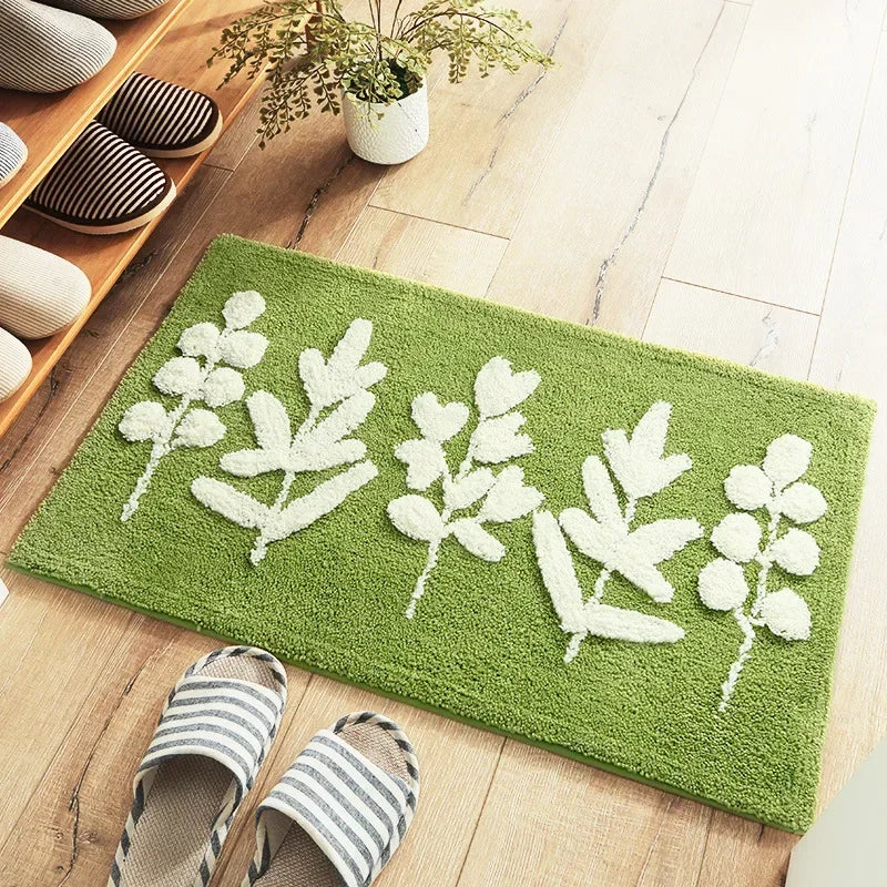 Green Leaves Flocking Bath Mat Non-Slip Absorbent Microfiber Bathroom Rug