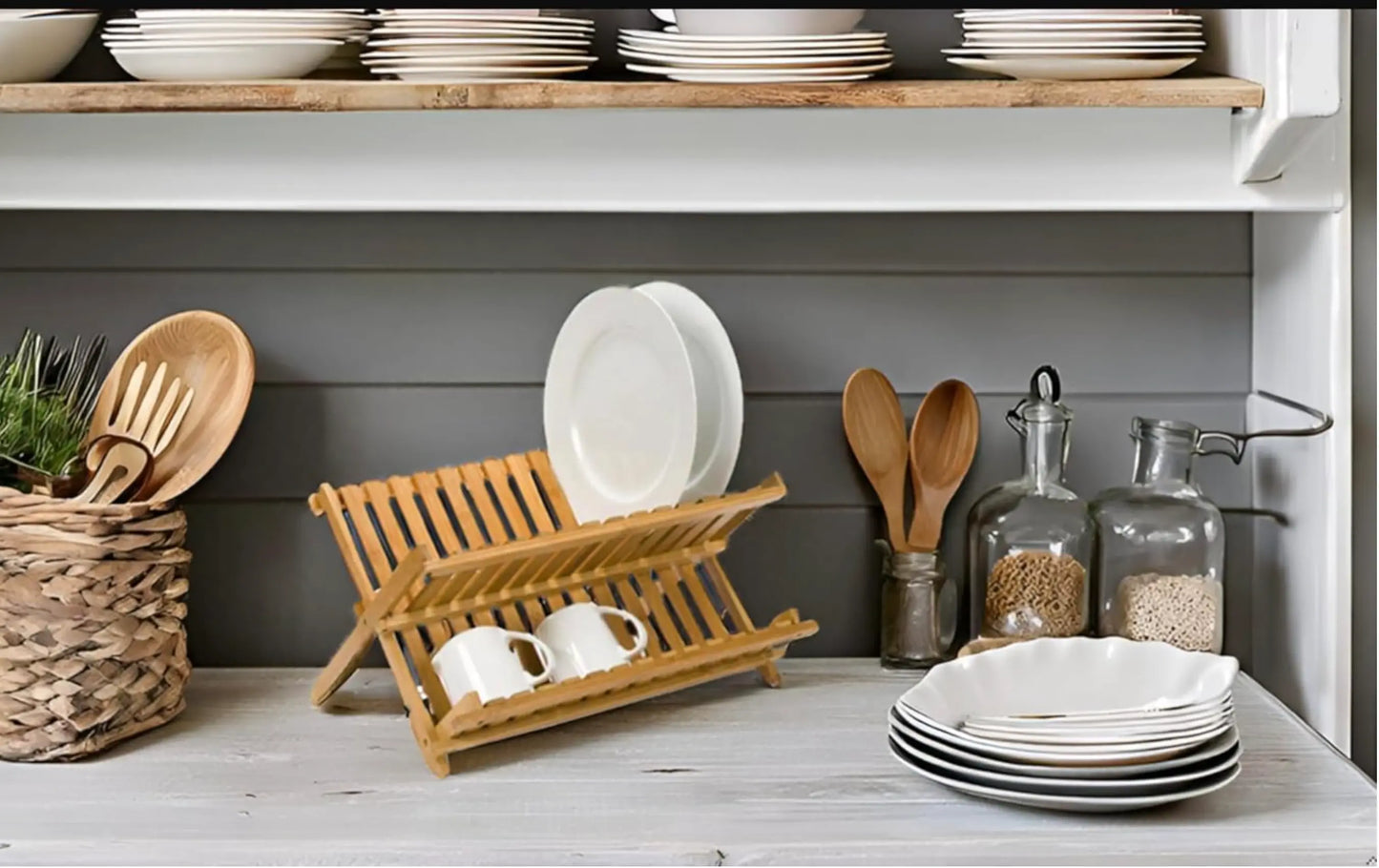 Bamboo Dish Drying Rack - 2-Tier Foldable Dish Rack for Kitchen Counter Dura Living LLC