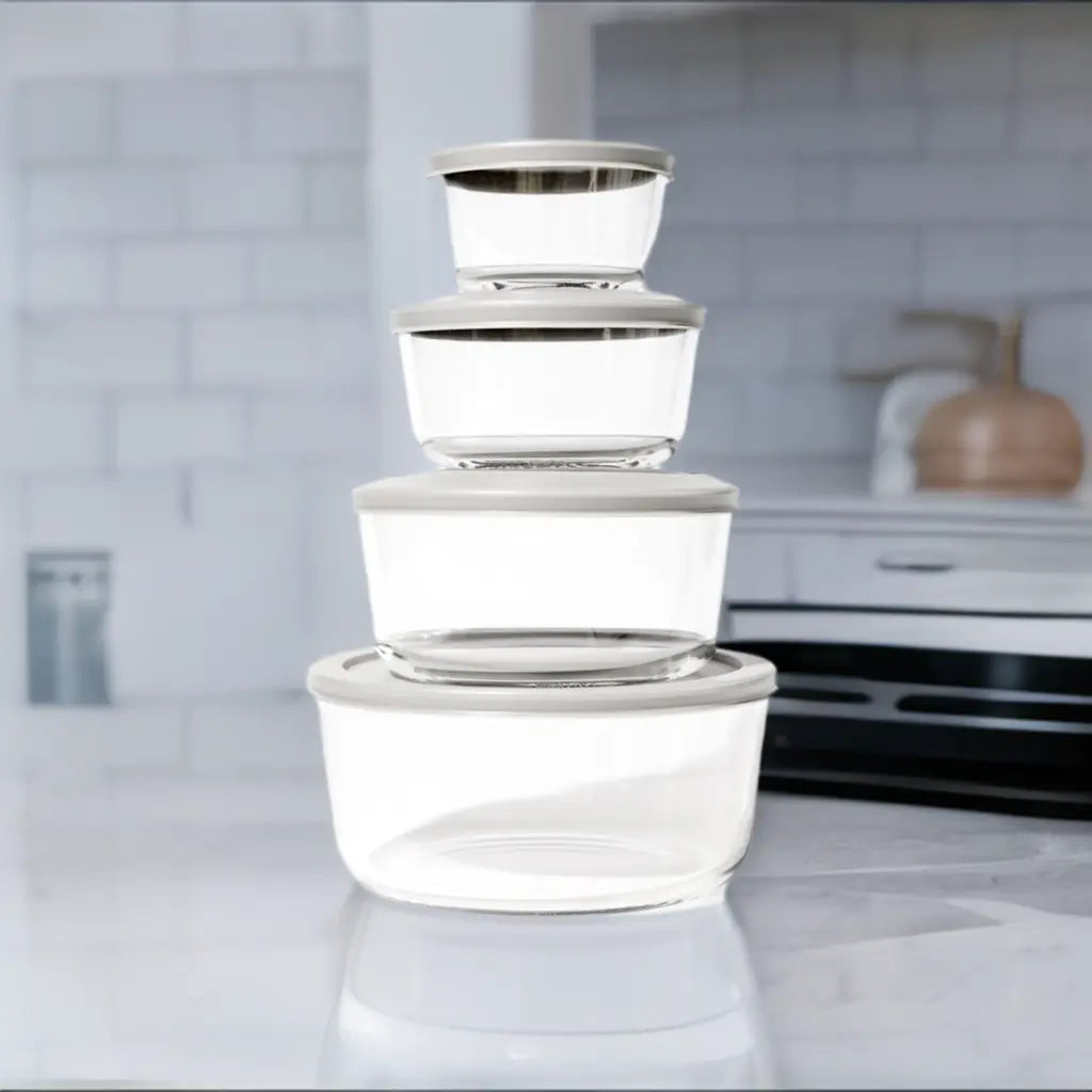 Glass Food Storage Containers - 8 Piece Round Nesting Space-Saving Set Dura Living LLC