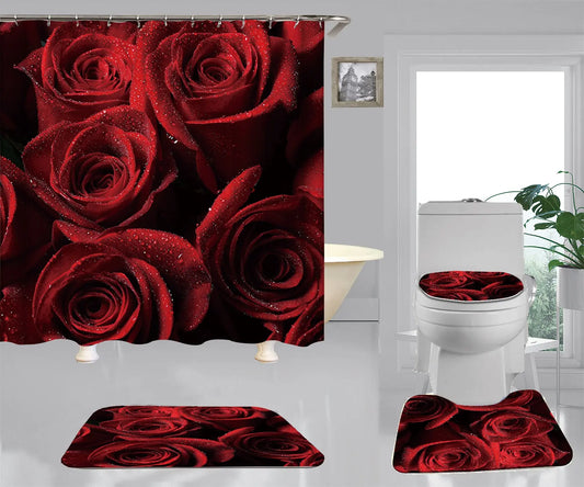 Red Rose Happy Valentine's Day Bathroom Set – Shower Curtain & Bath Mats OMEZMART