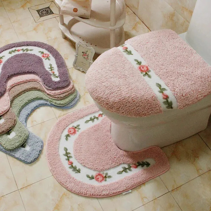 Pastoral Style Toilet Rug with Flower Pattern – Bathroom Mat Set for Cozy Elegance OMEZMART