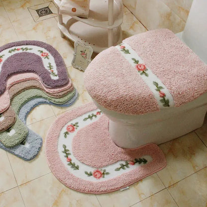 Pastoral Style Toilet Rug with Flower Pattern – Bathroom Mat Set for Cozy Elegance OMEZMART