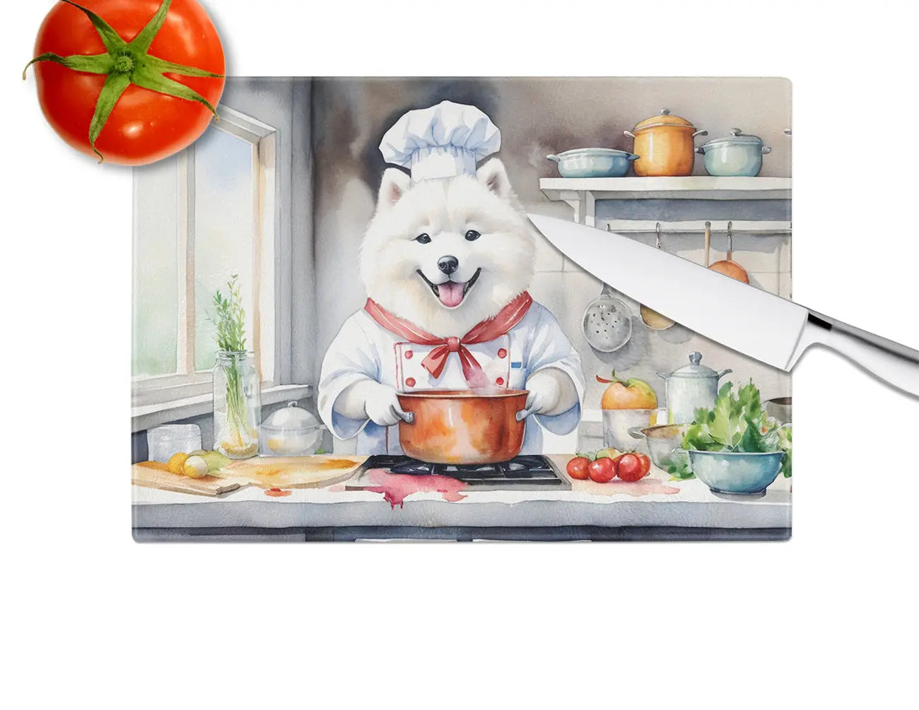 Samoyed the Chef Glass Cutting Board – Durable & Fun Dog Design Kitchen Accessory Caroline's Treasures, Inc.