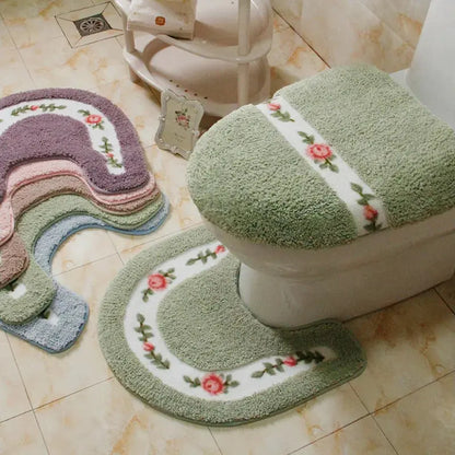 Pastoral Style Toilet Rug with Flower Pattern – Bathroom Mat Set for Cozy Elegance OMEZMART