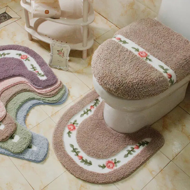 Pastoral Style Toilet Rug with Flower Pattern – Bathroom Mat Set for Cozy Elegance OMEZMART