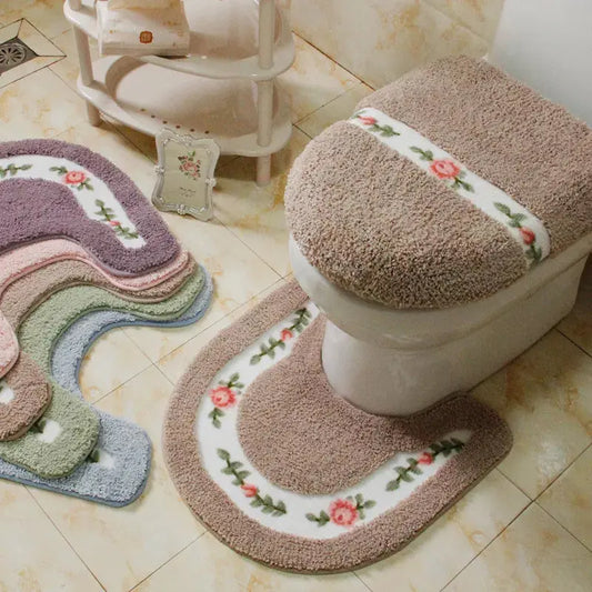 Pastoral Style Toilet Rug with Flower Pattern – Bathroom Mat Set for Cozy Elegance OMEZMART