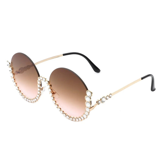 Gloriana - Women Circle Half Frame Oversize Rhinestone Fashion Round Sunglasses Cramilo Eyewear