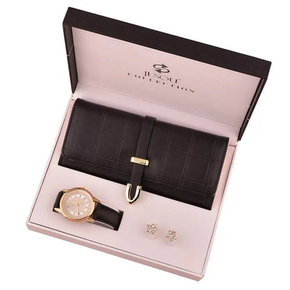 Women's Fashion Quartz Watch Wallet Earrings 3pc Set Gift Box