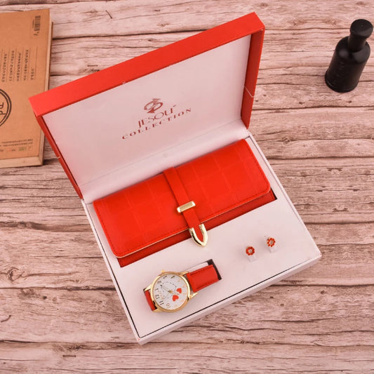 Women's Fashion Quartz Watch Wallet Earrings 3pc Set Gift Box
