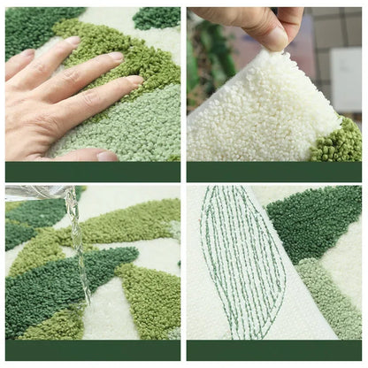 Green Leaves Flocking Bath Mat Non-Slip Absorbent Microfiber Bathroom Rug