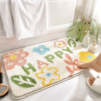Green Leaves Flocking Bath Mat Non-Slip Absorbent Microfiber Bathroom Rug