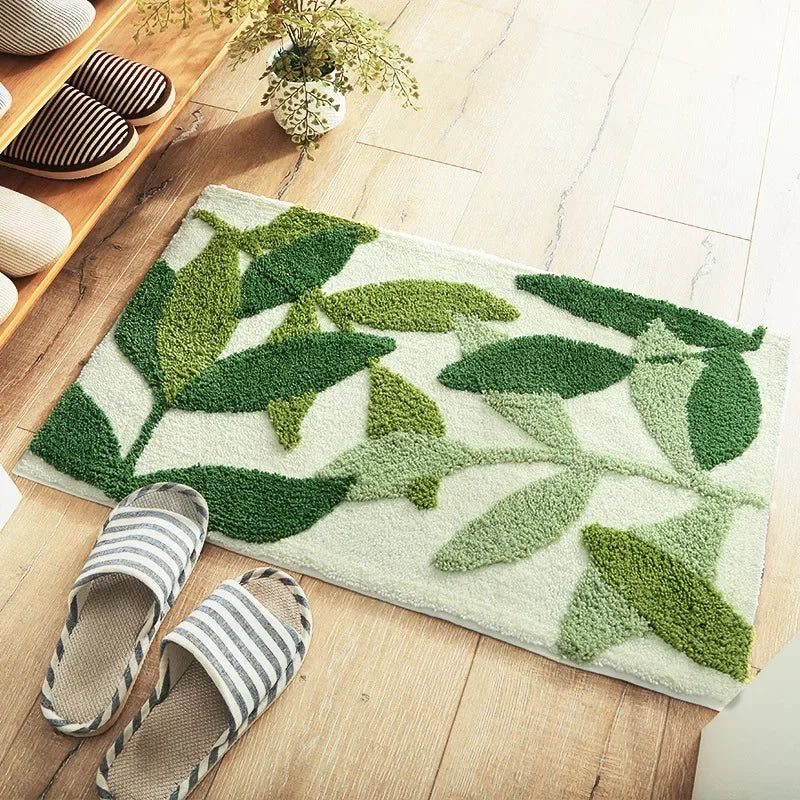Green Leaves Flocking Bath Mat Non-Slip Absorbent Microfiber Bathroom Rug