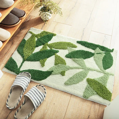 Green Leaves Flocking Bath Mat Non-Slip Absorbent Microfiber Bathroom Rug