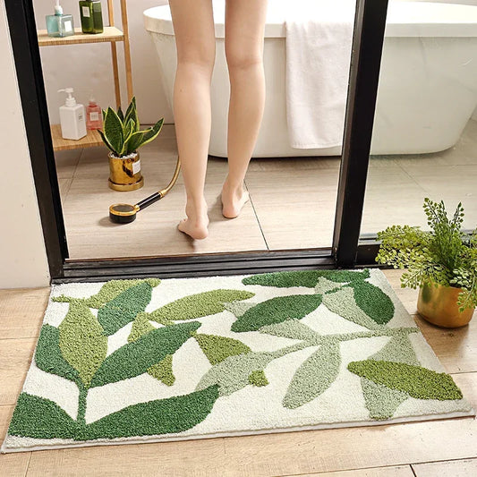 Green Leaves Flocking Bath Mat Non-Slip Absorbent Microfiber Bathroom Rug