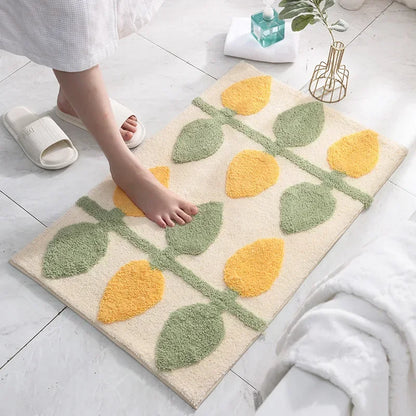 Green Leaves Flocking Bath Mat Non-Slip Absorbent Microfiber Bathroom Rug