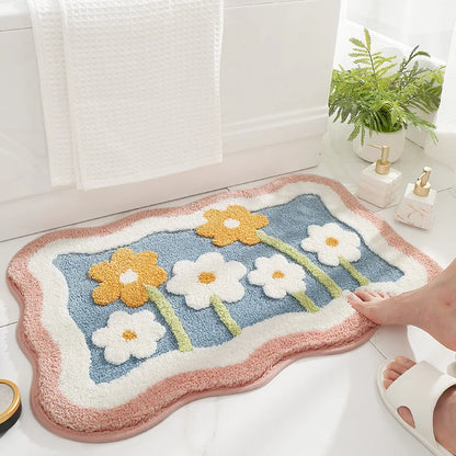 Green Leaves Flocking Bath Mat Non-Slip Absorbent Microfiber Bathroom Rug