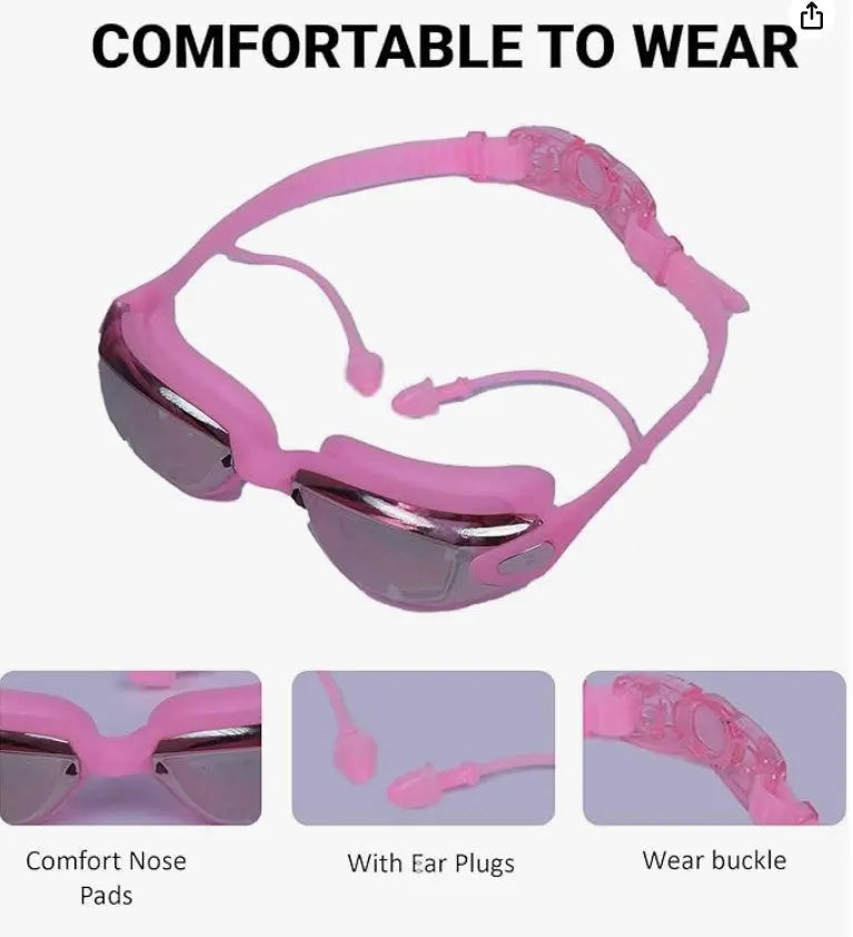 P2 Polarized Anti-Fog Swim Goggles Set | Anti-UV, No Leakage for Adults & Youth with Cap & Ear Plugs (Pink) OMEZMART