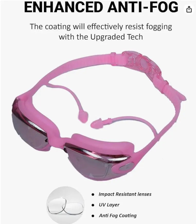 P2 Polarized Anti-Fog Swim Goggles Set | Anti-UV, No Leakage for Adults & Youth with Cap & Ear Plugs (Pink) OMEZMART