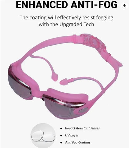 P2 Polarized Anti-Fog Swim Goggles Set | Anti-UV, No Leakage for Adults & Youth with Cap & Ear Plugs (Pink) OMEZMART