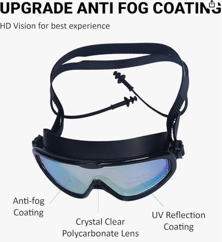 Swim Goggles with Swimming Cap | Anti-UV, Anti-Fog Wide Frame Goggles for Ages 7-17 | Black OMEZMART