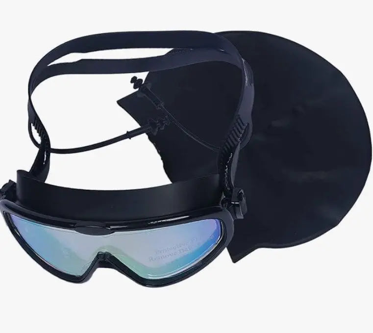 Swim Goggles with Swimming Cap | Anti-UV, Anti-Fog Wide Frame Goggles for Ages 7-17 | Black OMEZMART