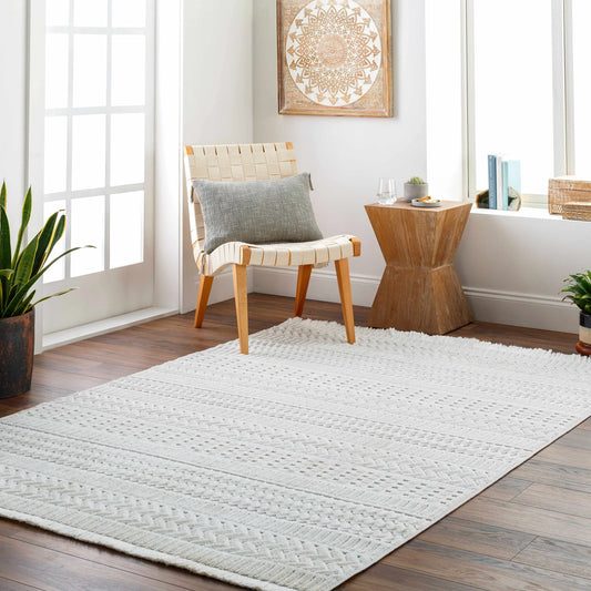 Cira Ivory Textured Area Rug With Fringes Hauteloom LLC
